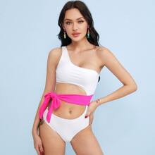 Cut-out Tie Side One Shoulder One Piece Swimwear | SHEIN