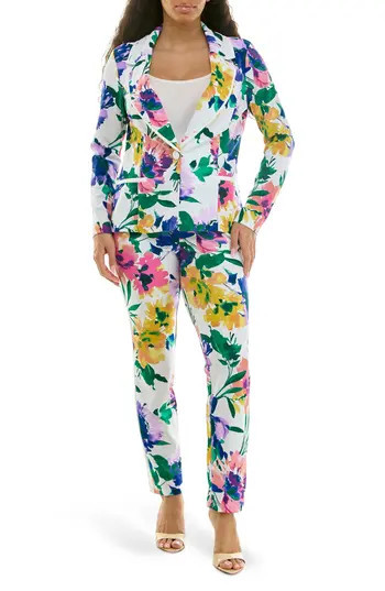 Nina Leonard Floral Print Skinny Fit Suit in White Multi at Nordstrom Rack, Size X-Large | Nordstrom Rack