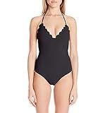 Jessica Simpson Under The Sea Scalloped-Edge Textured One-Piece Swimsuit Black Large | Amazon (US)