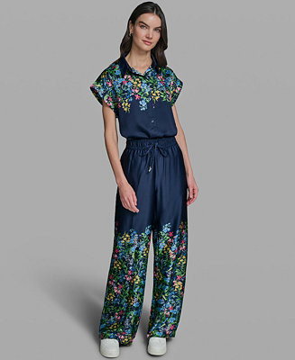 KARL LAGERFELD PARIS Women's Short-Sleeve Floral Printed Camp Shirt and Mid-Rise Floral Printed P... | Macy's