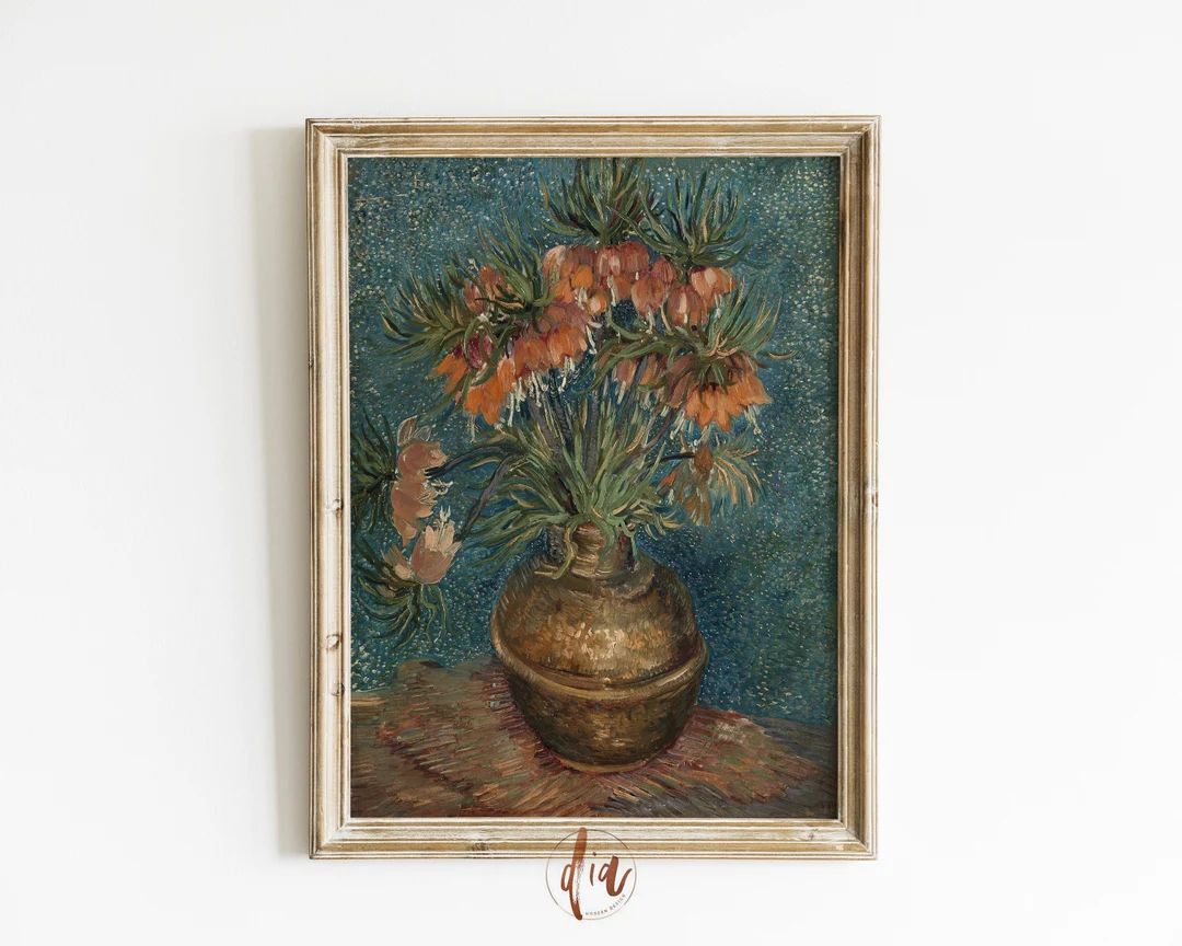 Teal Orange Floral Painting Moody Vintage Still Life Antique - Etsy | Etsy (US)
