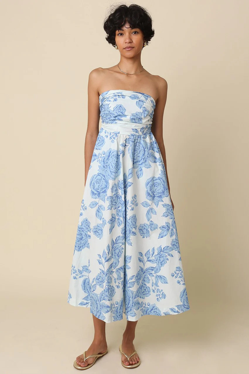 Blue Blossom Print Strapless Maxi Dress | PinkBlush Maternity