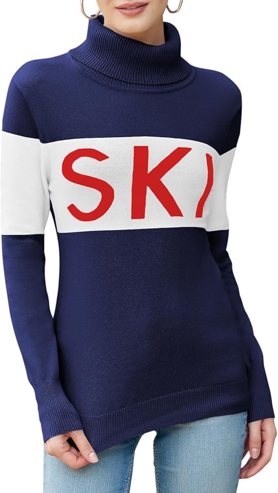 LCXWFE Womens Ski Sweaters Color Block Long Sleeve Turtleneck Pullover Sweater Trendy Knitwear To... | Amazon (US)