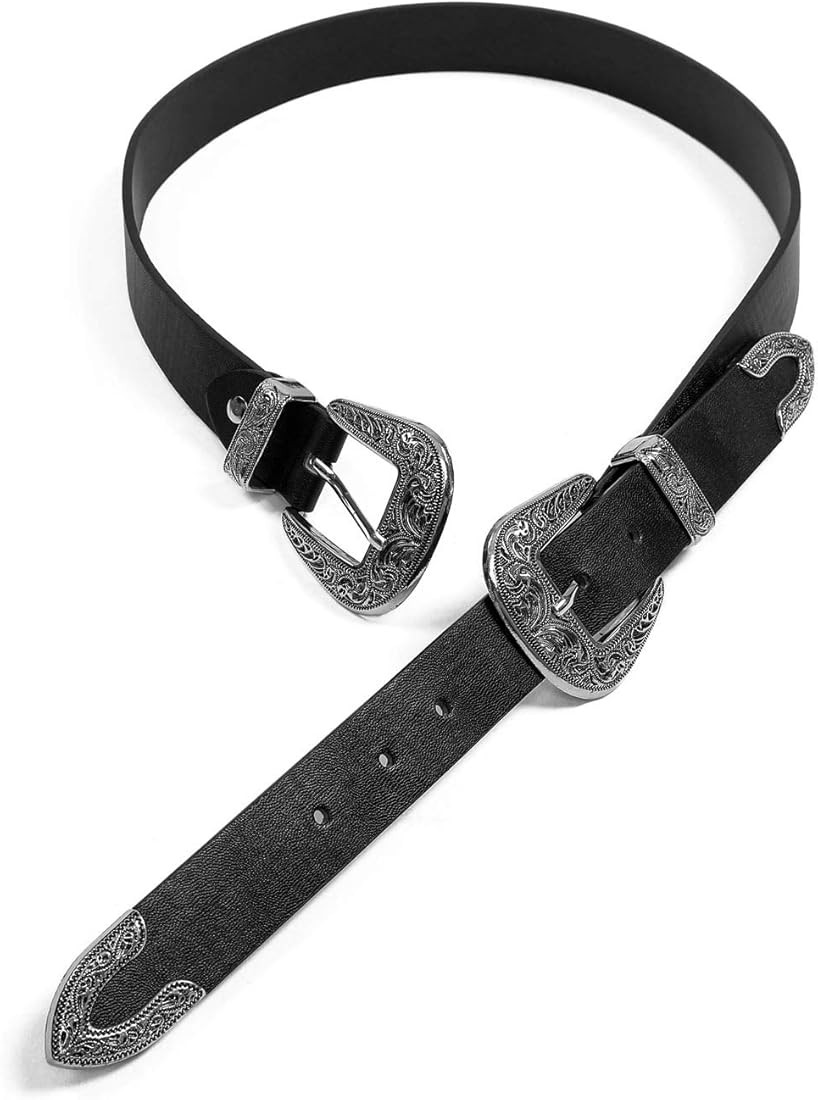 Double-Buckle Western Belts for Women, Vintage Design Leather Rhinestone Waist Belt with Western-... | Amazon (US)