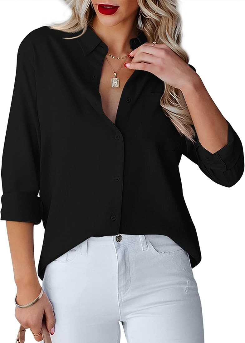 Womens Button Down Shirts V Neck Long Sleeve Office Casual Business Plain Blouse Tops with Pocket | Amazon (US)