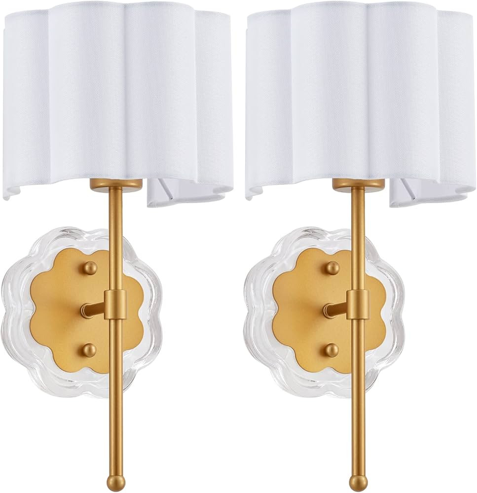 Modern Wall Sconce Set of 2, with Creamy-White Fabric Flower and Antique Brass Brush Paint Finish... | Amazon (US)