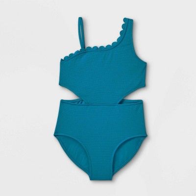 Girls' Ribbed Scallop Cut Out One Piece Swimsuit - art class™ Green | Target