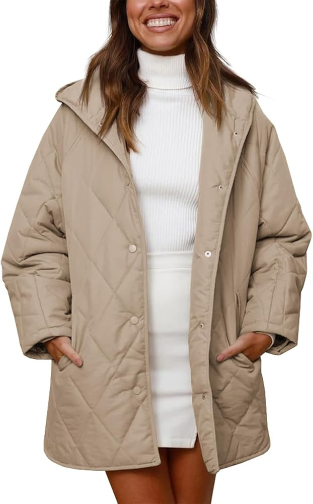 Fisoew Womens Oversized Quilted Jackets Casual Hooded Coat Loose Fit Winter Coats with Pockets | Amazon (US)