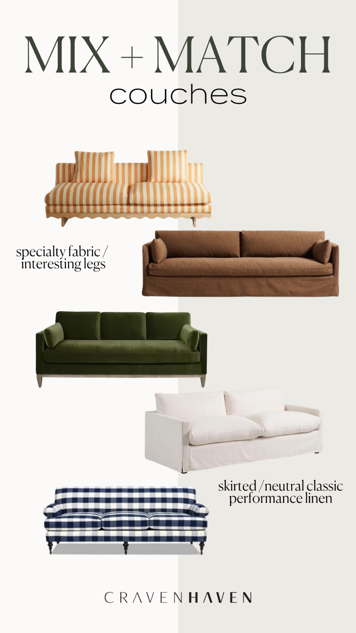 When mixing and matching sofas try pairing one with more detailed legs or a fun pattern or material with a second sofa, that is a more classic neutral, color and material like a performance linen with a tailored slipcovered shape. I love all of these options! I own the velvet one in brown and had the cream one in a previous home.

#LTKHome #LTKStyleTip