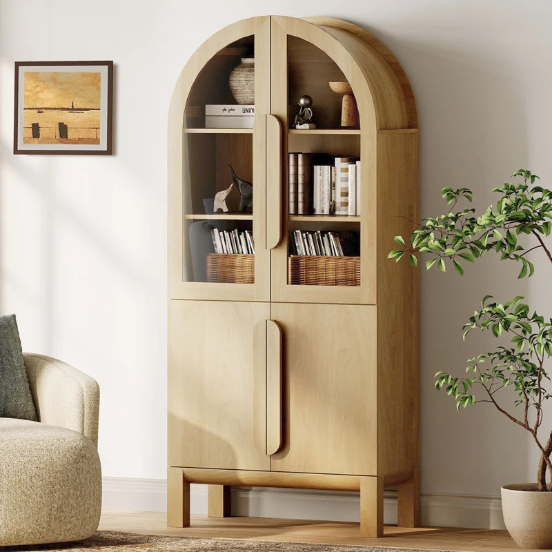 71"H Arched Bookshelf, Modern 5 Tier Bookcase With Cabinet, Wooden Display Cabinet With Glass Doo... | Wayfair North America