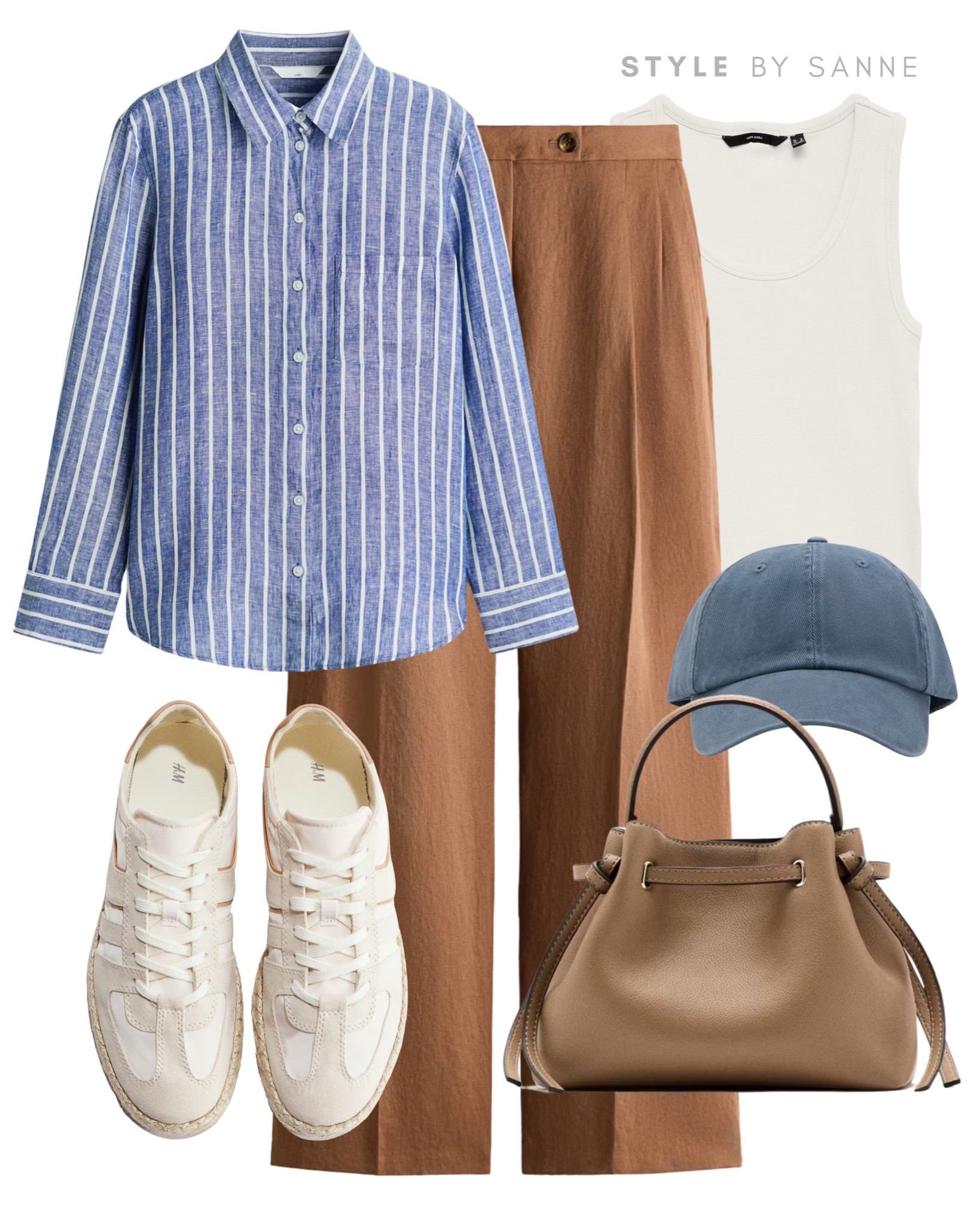 A blue striped shirt paired with warm caramel trousers creates a fresh balance of cool and earthy tones. Finished with a simple tank, casual cap and neutral accessories for an effortless look that feels relaxed yet put together.💙