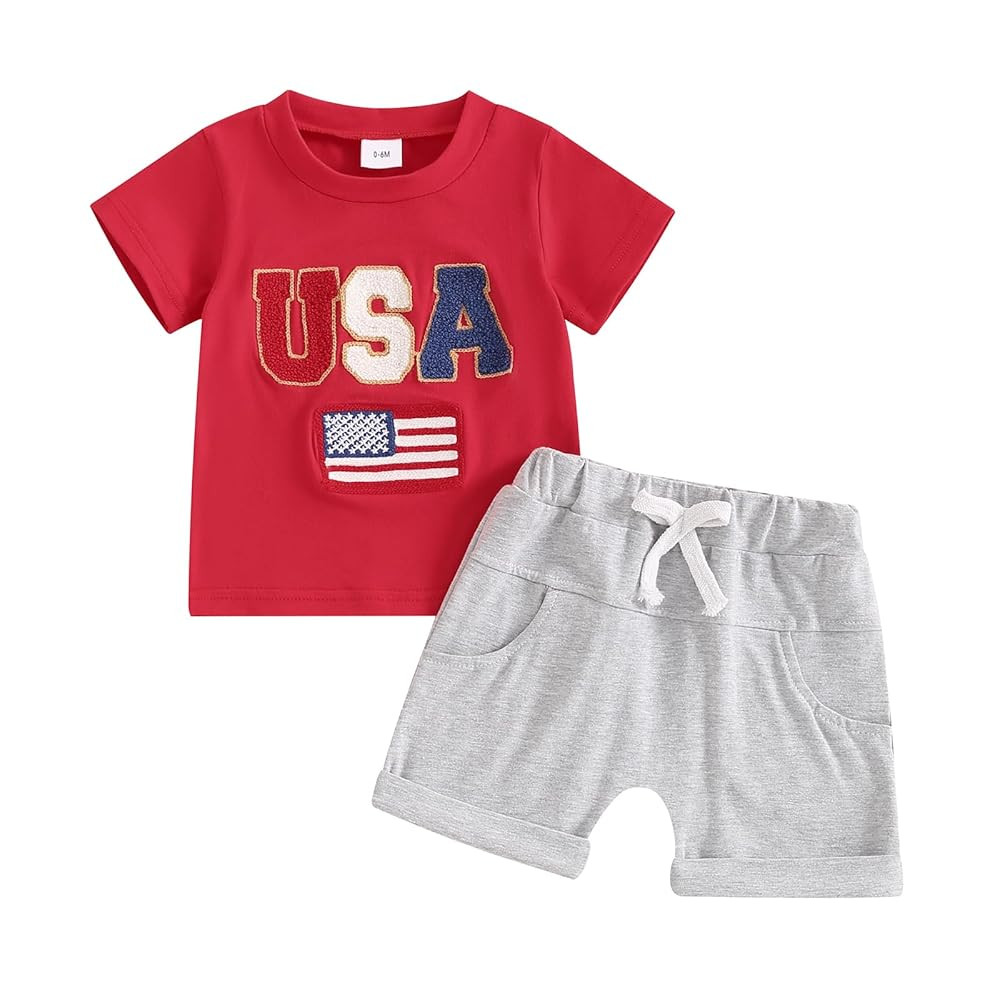 4th of July Baby Boy Outfit Letter Flag Embroidery T-Shirt Top and Shorts Set 2 Piece July Fourth... | Amazon (US)