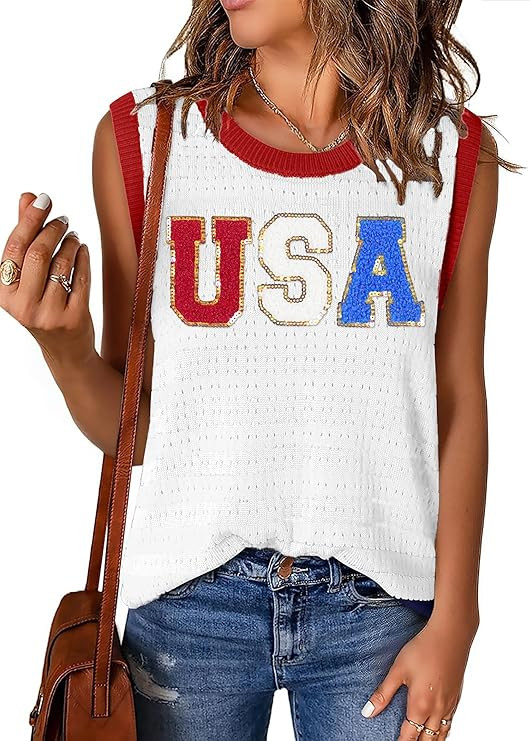 PECHAR USA 4th of July Shirts Women American Flag Hollow Out Knit Tank Tops Patriotic Striped Col... | Amazon (US)
