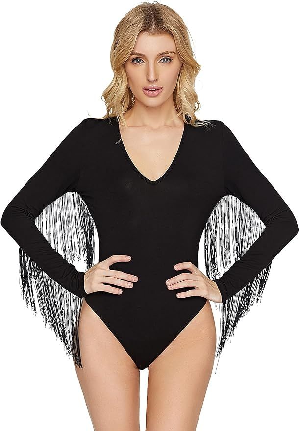 Amazon.com: Verdusa Women's Fringe Trim V Neck Long Sleeve Bodysuit Top Black S : Clothing, Shoes... | Amazon (US)