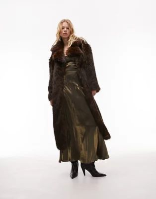 Topshop long-line faux fur coat in deep brown | ASOS (Global)
