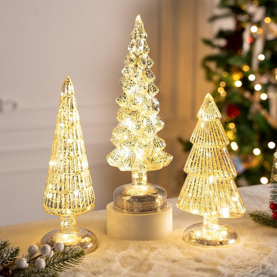 3 Pcs Mercury Glass Christmas Tree, Tabletop Christmas Tree with LED Lights for Home Decor,Silver... | Amazon (US)