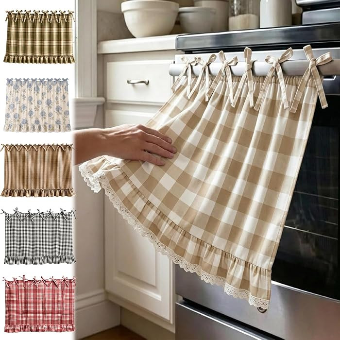 Farmhouse Oven Skirt, Handmade Oven Curtain for Stove, Cotton Blend Vintage Oven Skirt Curtain for Farmhouse Cottage Dishwasher Kitchen Decor, with Ruffles and Ribbon Ties (Beige) | Amazon (US)