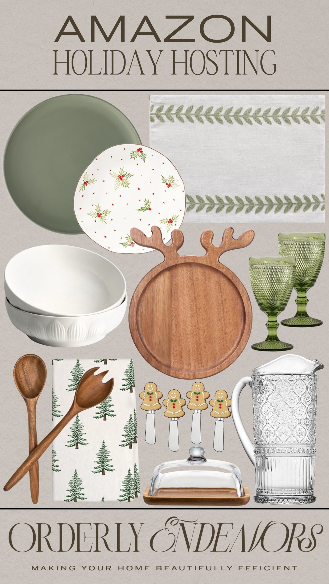 Holiday hosting includes reindeer charcuterie board, dinner plates, salad plates, place mats, serving bowls, green glasses, cheese knives, butter dish, Christmas dish towels, wooden serving spoons.

Holiday hosting, kitchen essentials, Amazon finds, kitchen finds

#LTKHoliday #LTKFindsUnder50 #LTKStyleTip