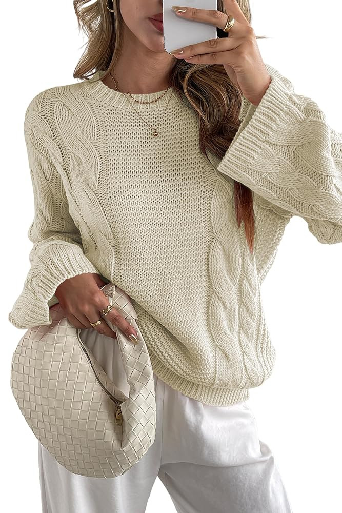Cakulo Womens Oversized Pullover Sweaters Bell Sleeve Chunky Cable Knit Sweater Crewneck Trendy K... | Amazon (US)