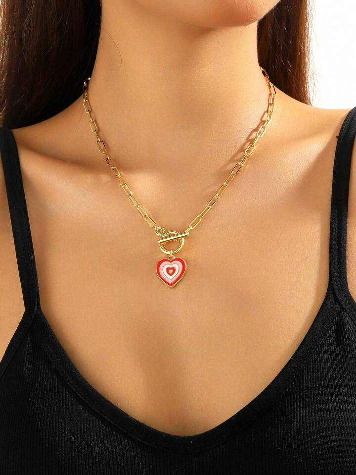 1pc Fashionable Red Bow Rose Heart-Shaped Pendant Golden Women's Necklace, Valentine's Day Jewelr... | SHEIN