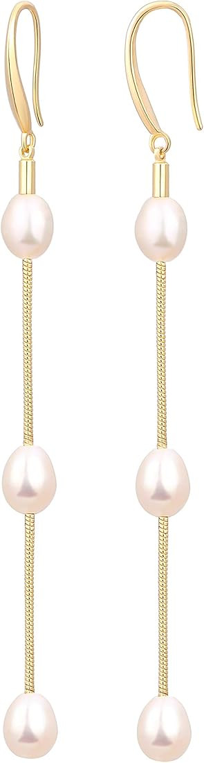 18K Gold Long Pearl Earrings Baroque Drop Dangle Earrings for Women Statement Snake Chain Dainty Adj | Amazon (US)
