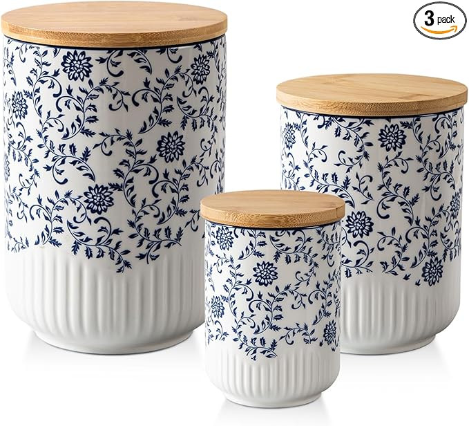 Canisters Sets for Kitchen - Ceramic Kitchen Containers for Countertop with Airtight Wood Lids - ... | Amazon (US)