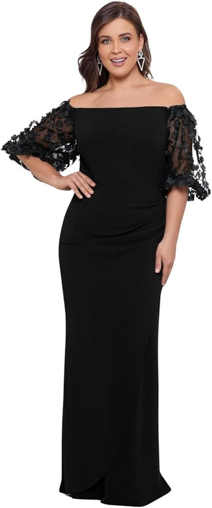 Xscape Women's Plus Size Long Illusion Sleeve Off The Shoulder Dress | Amazon (US)