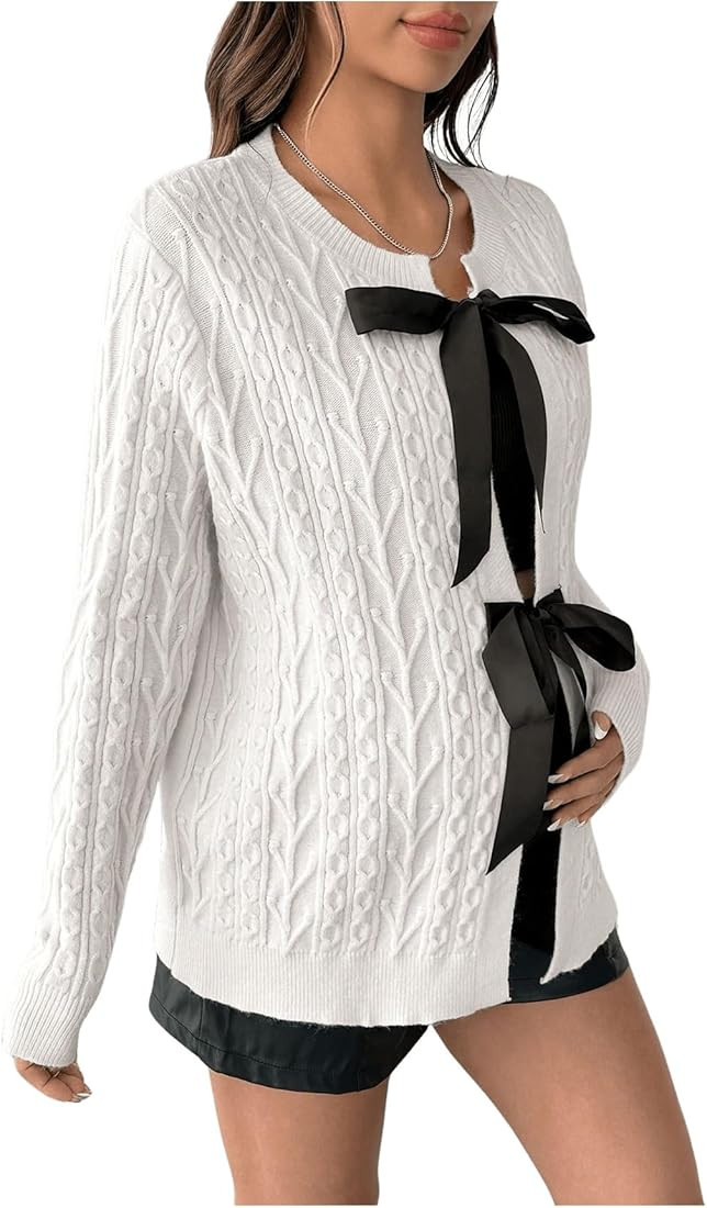 MakeMeChic Women's Maternity Sweater Bow Knot Crew Neck Long Sleeve Pregnancy Cardigan | Amazon (US)