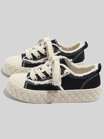 Zapatillas de lona negras casuales, transpirables y de moda para mujer, con puntera redonda, cord... | SHEIN