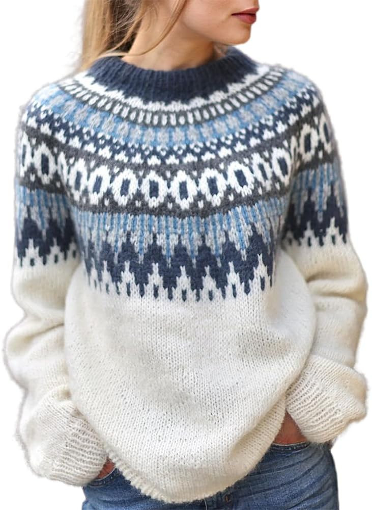 Womens Fair Isle Sweaters Vintage Argyle Iceland Norway Sweater Colorful Crew Neck Long Sleeve Pu... | Amazon (US)