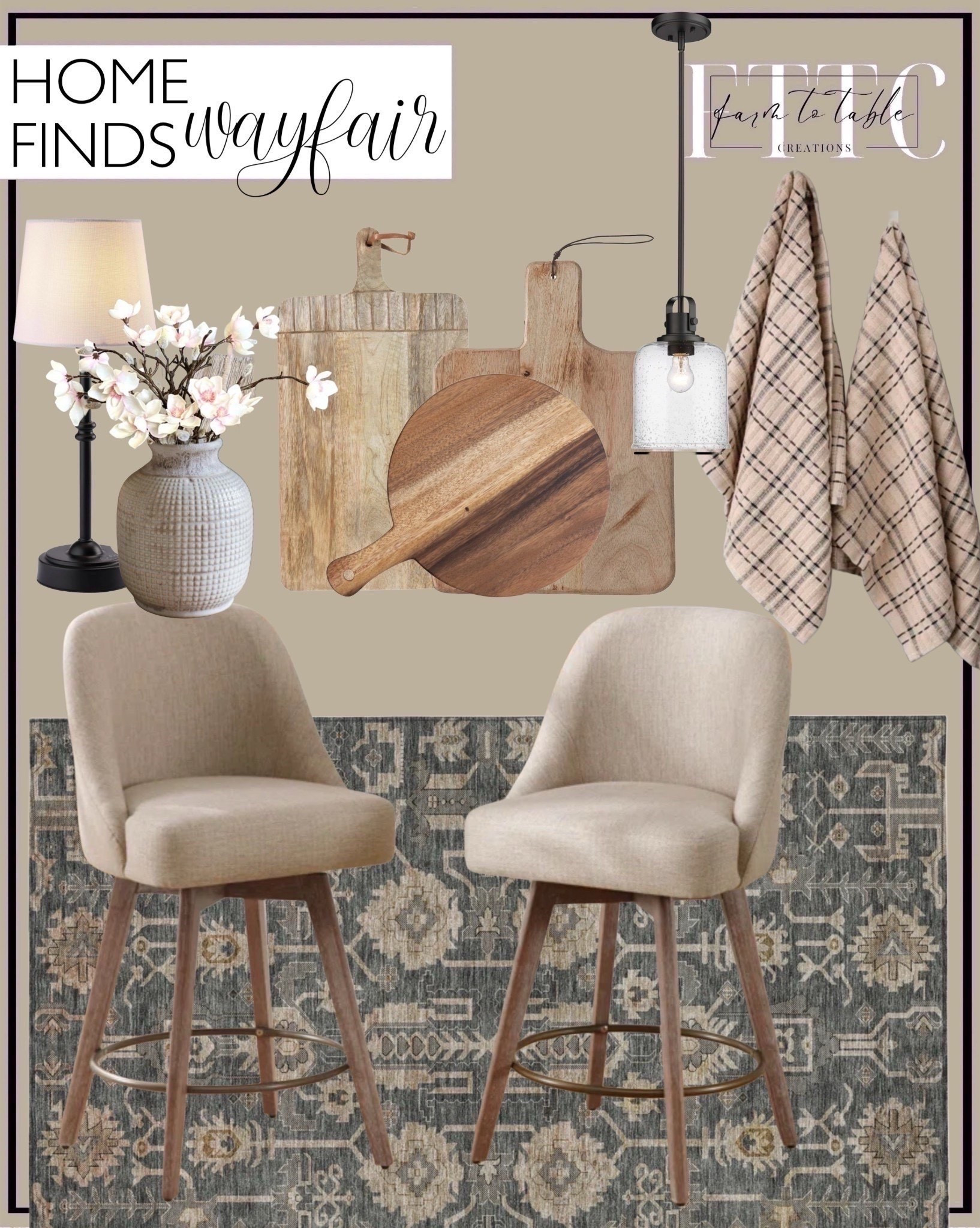 Wayfair Home Finds.  Follow @farmtotablecreations on Instagram for more inspiration.

26” swivel counter bar stools. Tyringham Light Kitchen Island Pendant. Wood Cutting Board. Mango Wood Cutting Board. Round Wood Cutting Board. Cordless Table Lamp. Modern Magnolia Arrangement. Debbie Handmade Ceramic Vase. Kitchen Towels. Indoor Outdoor Rug. 

Console Table | Dining Room | Dining Room Artwork | Bathroom Finds | Bedroom Finds | Bedroom Furniture | nightstands | Home Decor| Fireplace Decor | Spring Refresh |  Bedroom Finds | Neutral Stems | Spring Stems | Bookshelf Decor | Bedroom Space | Cozy  Corner | Bathroom | Curated Entryway | Spring  Decor | End of Year Clearance | Trending Decor | Viral Decor  | Coffee Table Decor | Neutral Decor | Fall Stem Sale | Target Finds | Skinny Bench | Bedroom | Living Room | Breakfast Nook | Amazon Home | Target Sale | Loloi Rugs | Magnolia Home | console table | console table styling | faux stems | entryway space | front porch decor | neutral decor | entryway decor | cozy home | affordable decor |  home decor | home inspiration | console styling | entryway rug | cozy moody home | moody home decor | neutral home | bathroom decor | living room | spring decor | Hearth & Hand | Studio McGee | 2025 Home Trends | trending home 


#LTKHome #LTKSaleAlert #LTKFindsUnder50