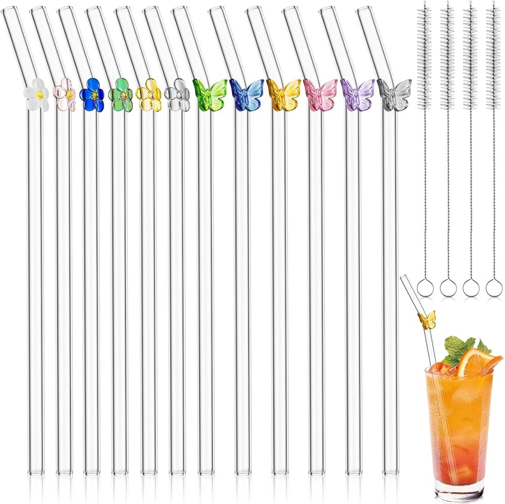 12Pcs Reusable Glass Straws, Cute Straws with Colorful Butterfly Flower, Clear Glass Straws with ... | Amazon (US)