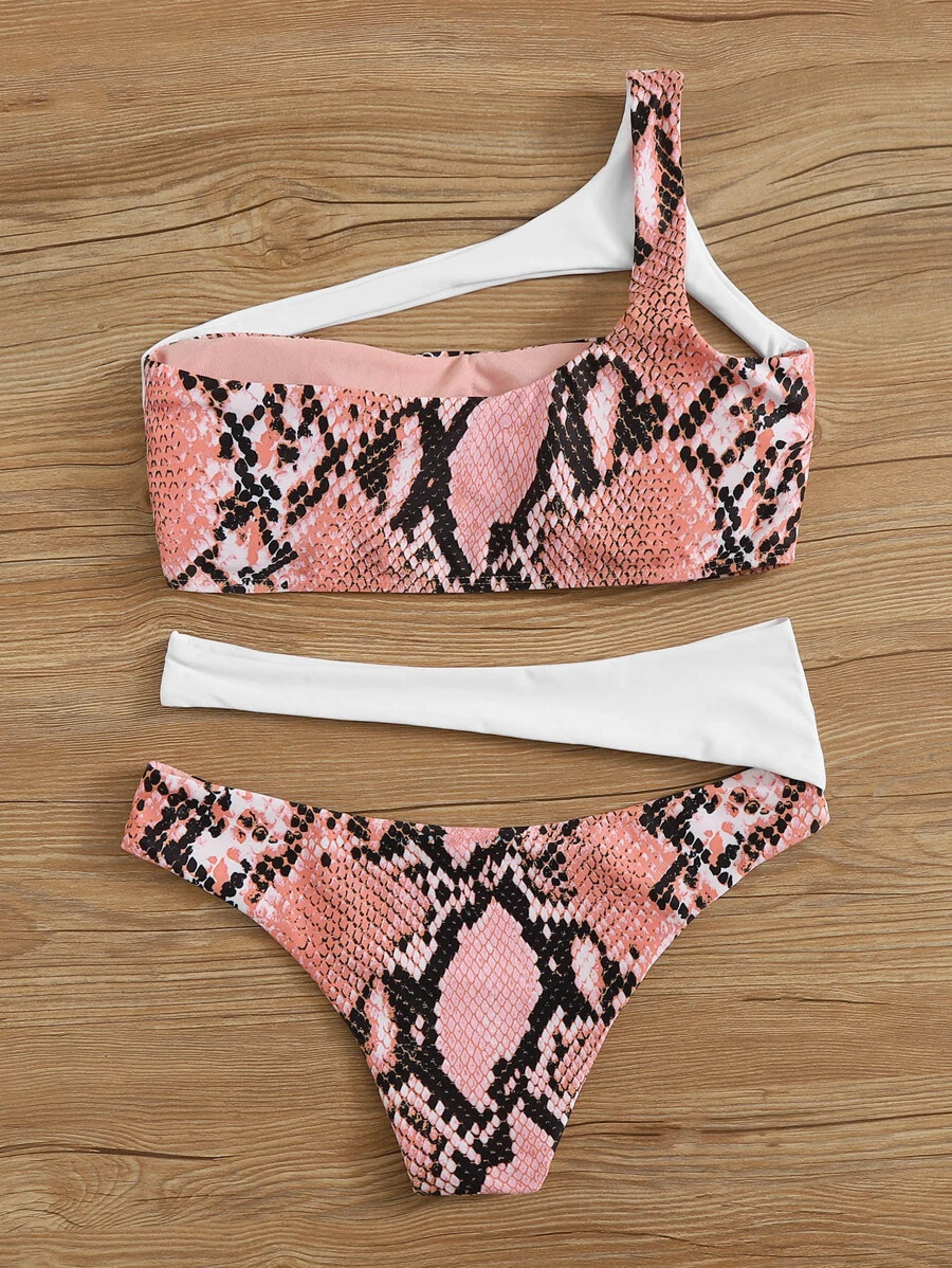 Snakeskin Cut Out One Shoulder Bikini Swimsuit | SHEIN