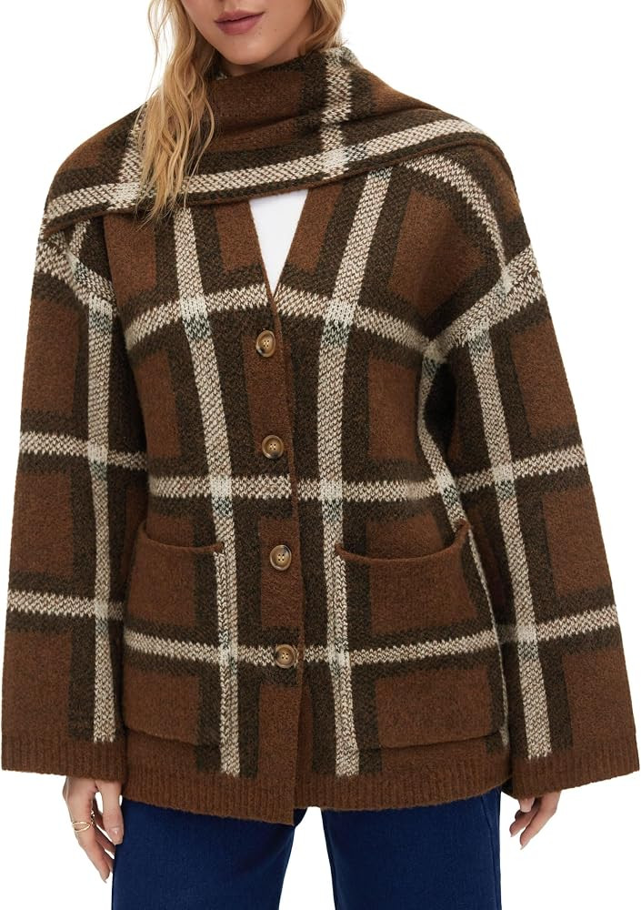 CIDER Oversized Plaid Cardigan Sweaters Knit Jacket with Matching Scarf | Amazon (US)