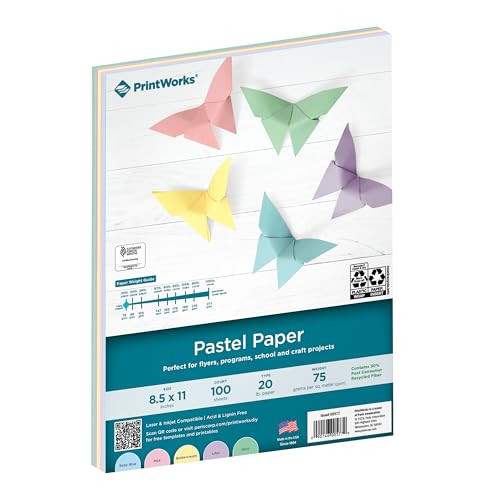 PrintWorks Pastel Paper 8.5" x 11" - 100 Sheets - 5 Assorted Pastel Colors - 30% Recycled Colored Paper - Ideal for School & Craft Projects - Made in the USA - SFI® Certified - 20 lb/75 gsm (00577) | Amazon (US)