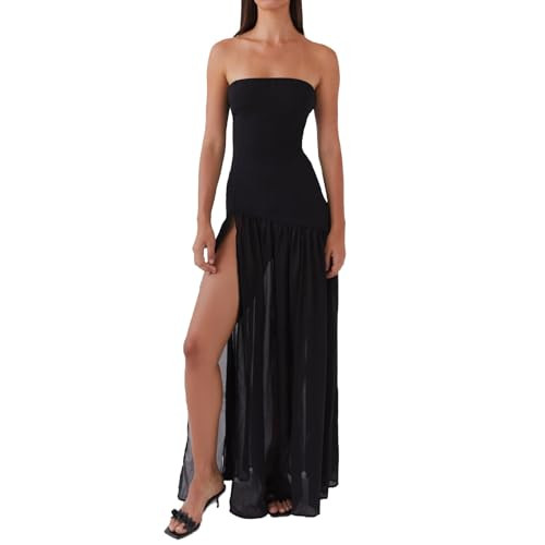 Women Tube Top Dress Tiger Stripe Mesh Patchwork Maxi Dress Strapless Sexy High Slit Long Dresses... | Amazon (US)