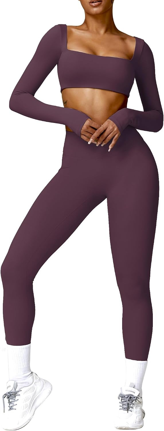 ABOCIW Workout Sets for Women 2 Piece Square Neck Long Sleeve Crop Tops High Waist Flared Leggings Gym Sets | Amazon (US)