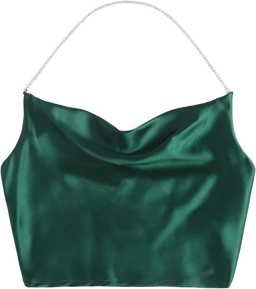 SheIn Women's Satin Chain Halter Neck Shirred Back Draped Crop Cami Top | Amazon (US)