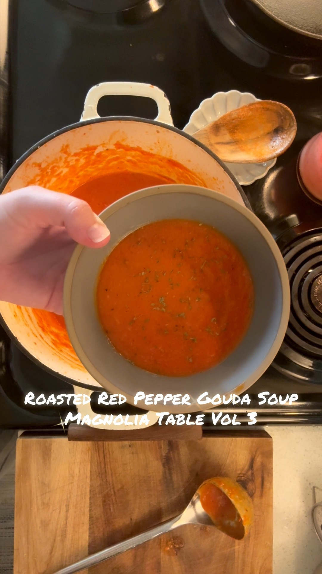 It’s a love story… kind of like Taylor and Travis. Roasted red peppers bring the smoky sweetness, gouda brings the creamy melt, and together they just work.

From Magnolia Table, Vol. 3, this Roasted Red Pepper Gouda Soup (p.147) is silky, cozy, and exactly the kind of comfort I crave. And because every love story deserves a sidekick, I served it with Roasted Garlic Parmesan Toast from the same volume.

The Jeanie Jo and Joanna Project.
Recipe 49 & 50 of 457.
407 recipes to go.
📅 July 4, 2025 – December 31, 2026

Gracefully yours,
🫶🏻 Jeanie Jo

#LTKHome #LTKFindsUnder100 #LTKFindsUnder50