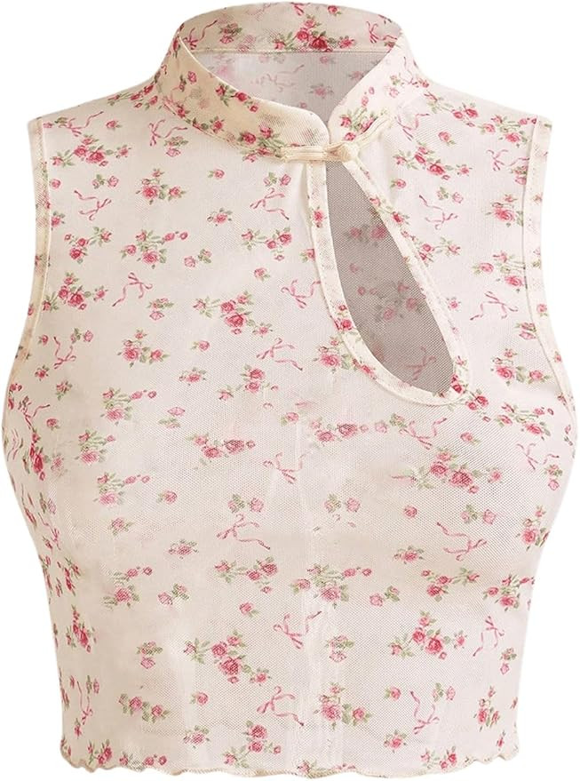 SHENHE Women's Floral Cut Out Mandarin Collar Mesh Crop Tank Top Fitted Cute Tops | Amazon (US)