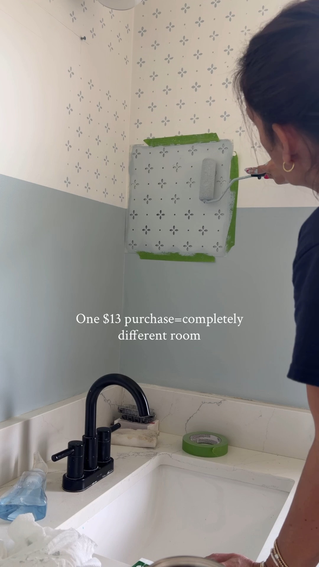 Who knew the difference a $13 stencil can make?!?

I knew I’d hate stenciling this bathroom but I also knew how dang good it’d look. I became best friends with the bottle of Motrin while doing this project but it was so worth it.

Few tips:
-If you are a perfectionist, do not attempt this. No one look too closely. It’s not perfect.

-Washing the stencil every now in then is not a suggestion, it’s a must. I learned that the hard way

-The smallest amount of paint on your roller is also must and I also learned that the hard way. 

Linking everything I can. The mirrors are no longer available but I found a few similar options.

#LTKHome #LTKSaleAlert