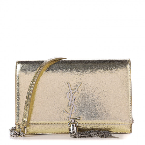 SAINT LAURENT Metallic Crackled Calfskin Kate Monogram Tassel Chain Wallet Gold | Fashionphile
