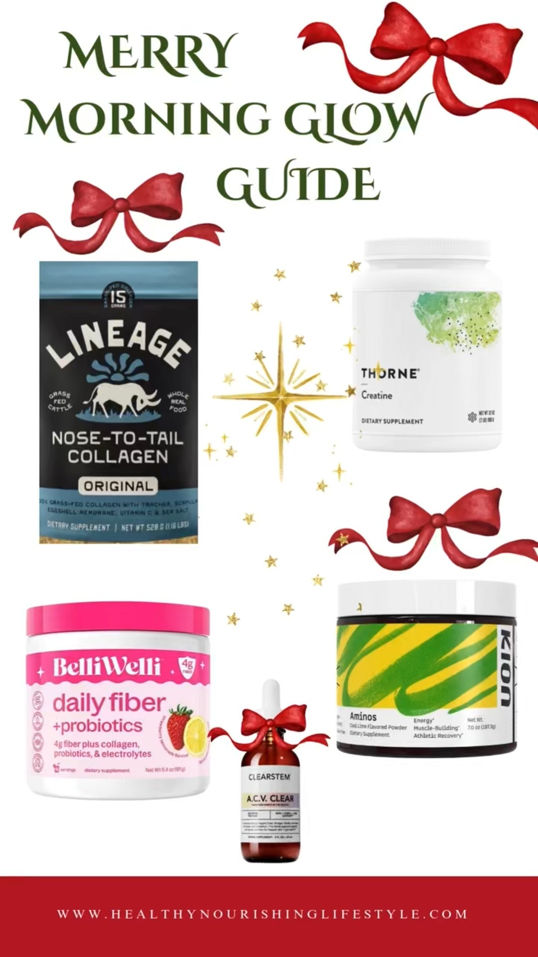 Holiday mornings can feel a little… extra. That’s why I lean into the things that actually support my energy, my gut, and my mood not just the season’s chaos.

These are the products I use every single day because they work:
Collagen for joints + hair/skin,
Creatine for strength and muscle in menopause,
Electrolytes + fiber for digestion,
Aminos for recovery,
And ACV for bloat + gut support.

They keep me feeling steady, strong, and glowing through all the busy days ahead not just surviving the holidays, but actually feeling good in my body.

A little morning consistency goes a long way. ✨
Which one would you try first?

#LTKBeauty #LTKHoliday #LTKselfcare
