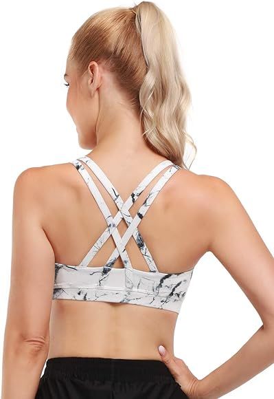 OMANTIC Women's Sports Bra - Criss-Cross Back Wirefree Padded Strappy Medium Support Athletic Gym Yo | Amazon (US)