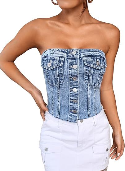 SweatyRocks Women's Strapless Button Down Slim Fit Denim Crop Tube Top with Flap Pocket | Amazon (US)