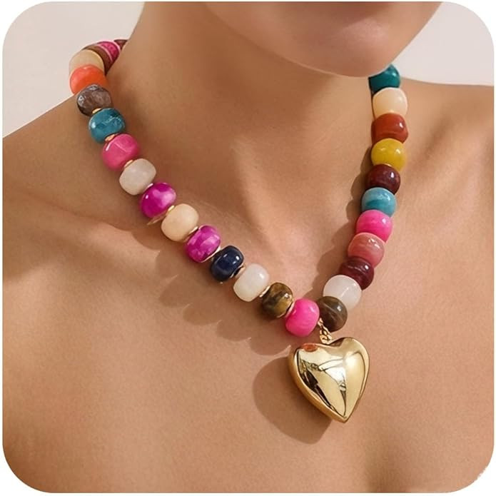 Chunky Beads Necklace for Women Trendy Gold Puffy Heart Choker Necklace Colorful Resin Beaded Hea... | Amazon (US)