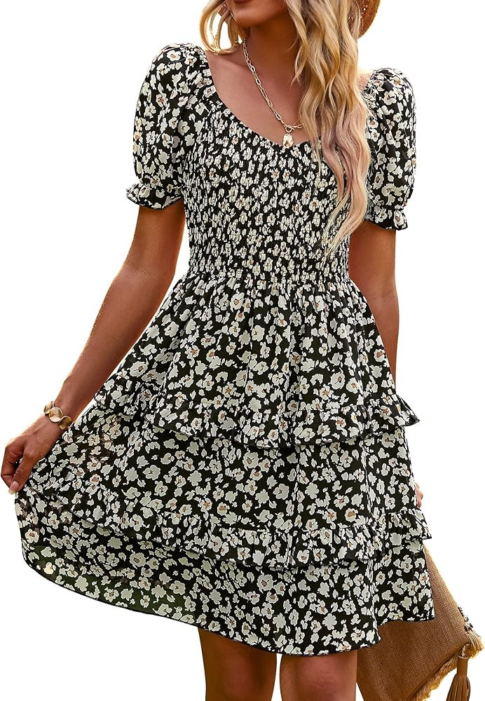 NIVYEE Women's Casual Floral Summer Dress Puff Sleeve Ruffle Hem Inside Liner A-line Dresses | Amazon (US)