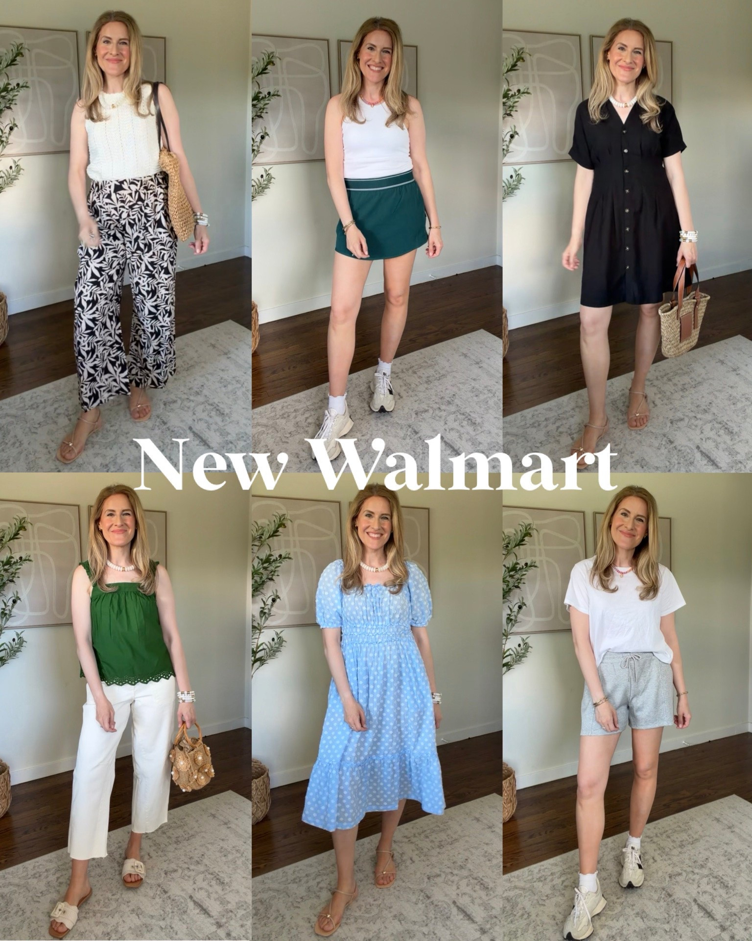 New Walmart summer finds! The Alo look for less skort, perfect mini shirt dress, flowy wide leg pants, eyelet top, cotton puff sleeve midi dress and scubaknit shorts. I’m wearing a small in everything expect the flowy pants I grabbed the medium (I’m 5’8”). #walmartfashion

#LTKOver40