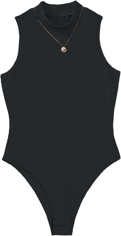 Floerns Women's Casual Mock Neck Sleeveless Rib Knit Solid Bodysuit Tops | Amazon (US)