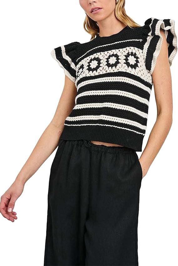 Yeokou Womens Crochet Sweater Top Short Flutter Sleeve Crew Neck Summer Casual Knit Tank Pullover... | Amazon (US)
